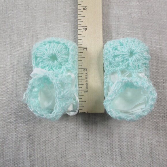 Handmade Crib Booties Baby Shoes Newborn Teal Crochet Knit Ribbon Soft - Picture 4 of 4